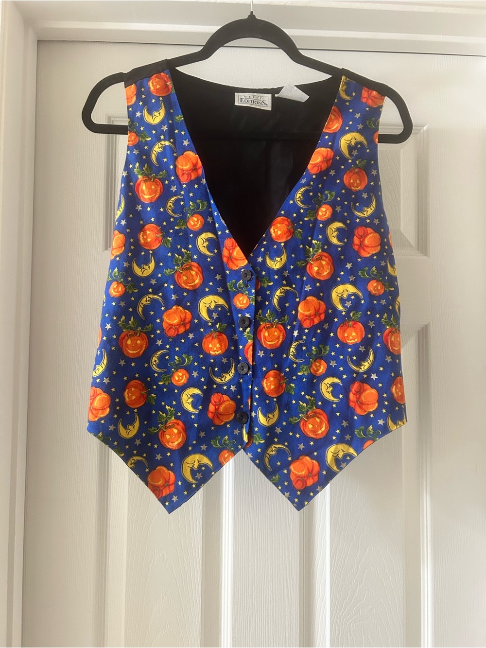 Basic Editions Blue Vest with Orange Pumpkin and Yellow Moon Motif